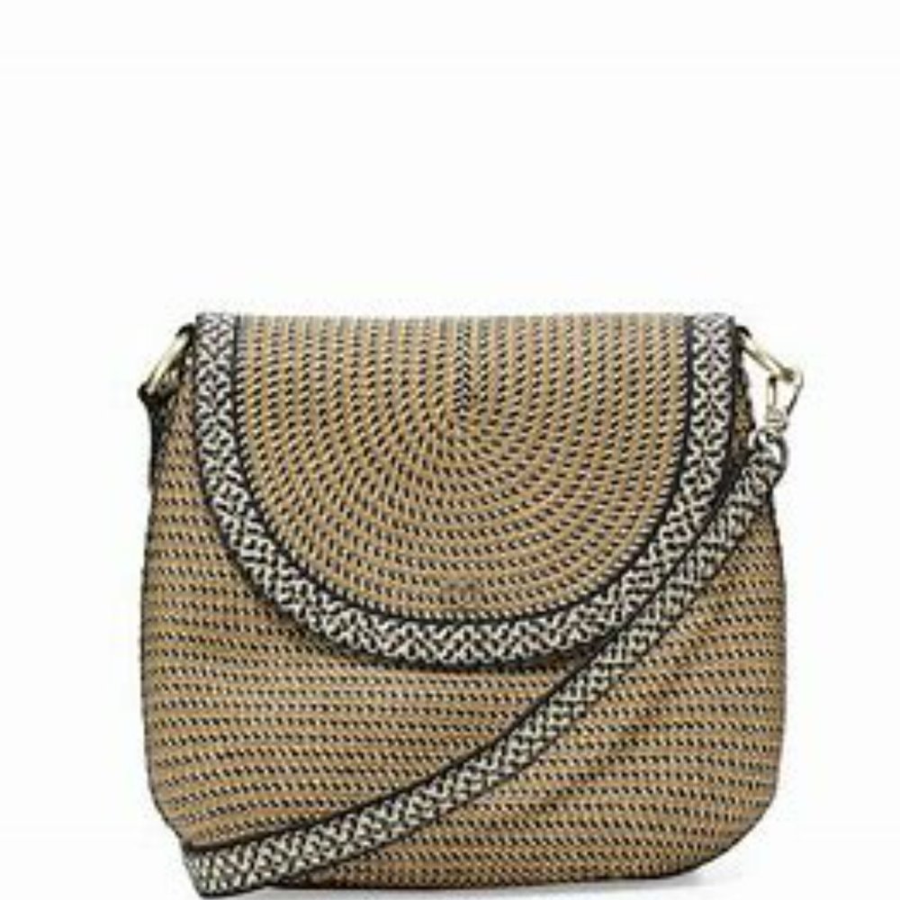 Eric Javits Squishee Demi Pouch Woven Straw Shoulder Bag Purse Black Natural